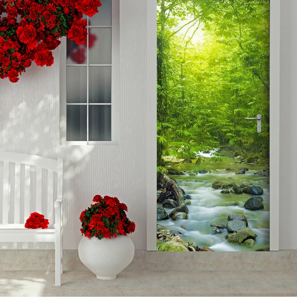 

Natural Landscape Door Mural Decal PVC Waterproof Artwork Flower Printed Stickers For Door Modern Living Room Renovation Poster