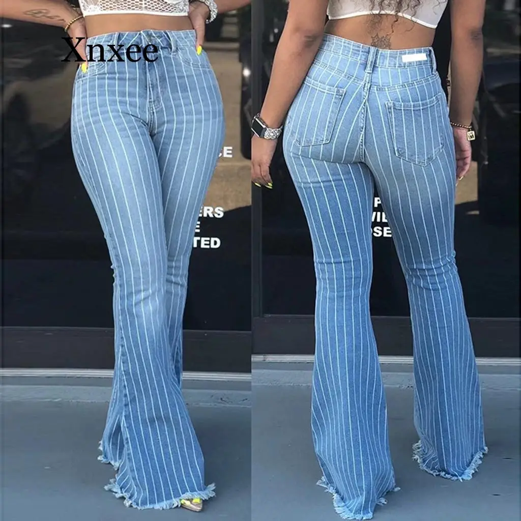 Женские обтягивающие джинсы на пуговицах в полоску с бахромой карманами