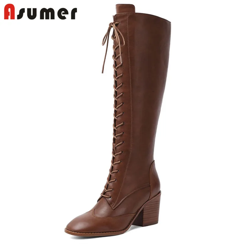 

ASUMER 2020 big size 43 knee high boots women genuine leather high heels shoes lace up round toe autumn winter boots female