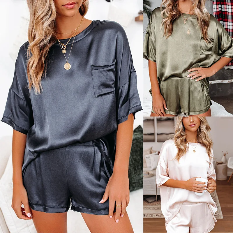 

2021 new solid color imitation silk pajamas home service short-sleeved shorts irregular two-piece suit