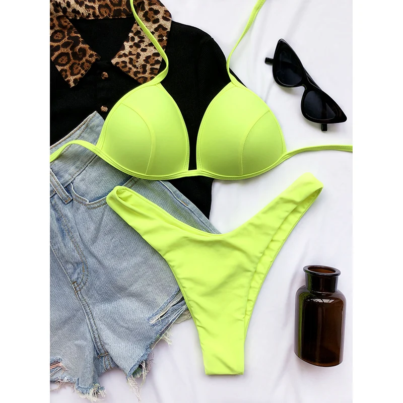 

Sexy Solid 2 Piece Set Bikini Swimwear Women Push Up Bathing Suit Backless Swimsuit Bandage Biquini New Neon Beachwear