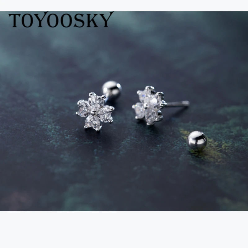 

TOYOOSKY 100% 925 Sterling Silver Romantic Flower Clear CZ Stud Earrings Screw Back for Girls Women Jewelry