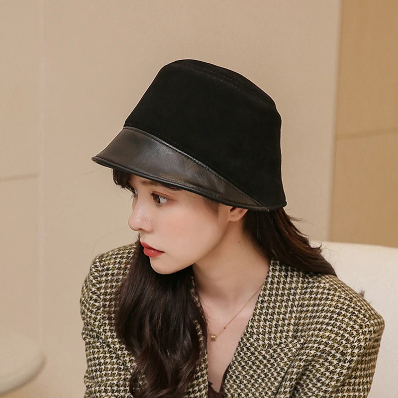 

Fashion Japanese Bucket Hat Women Big Birm Sun Shade 100% Genuine Leather Fisherman Caps Female Chic Basin Casquette Street