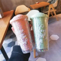 plastic water cup cute personality double layer cool rainbow foam ball water cup portable leak proof girl straw cup gift