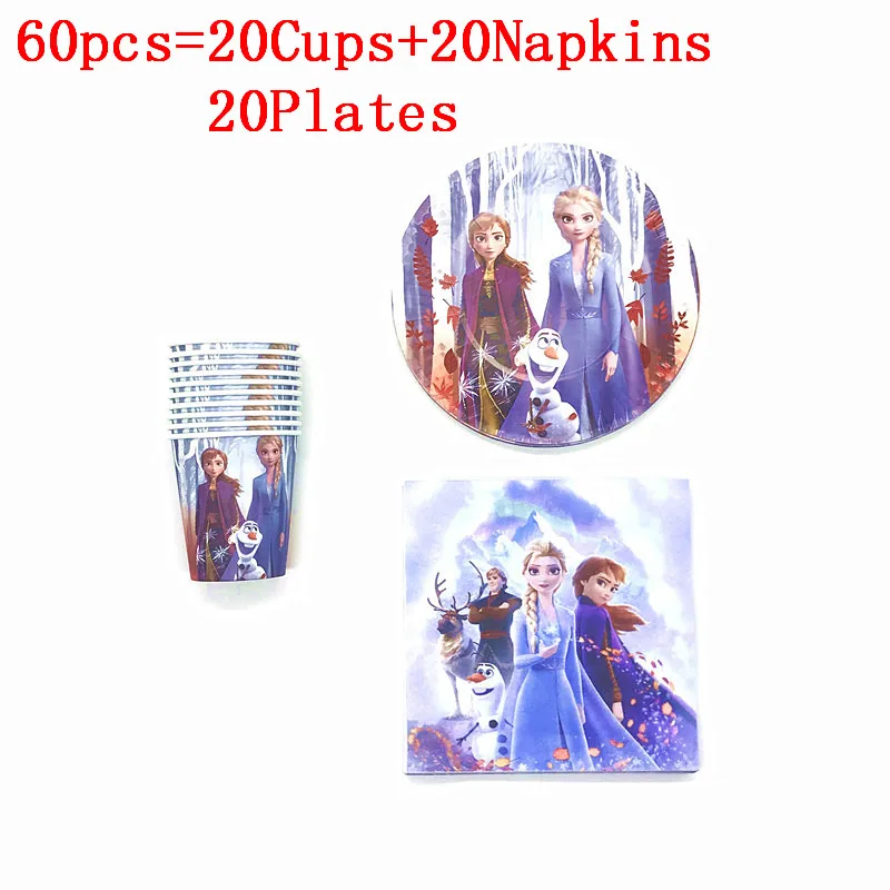 

40Pcs/60Pcs Disney New Frozen 2 Theme Party Tableware Sets Anna Elsa Princess Disposable Plate Cups Napkins For 10/20 People Use
