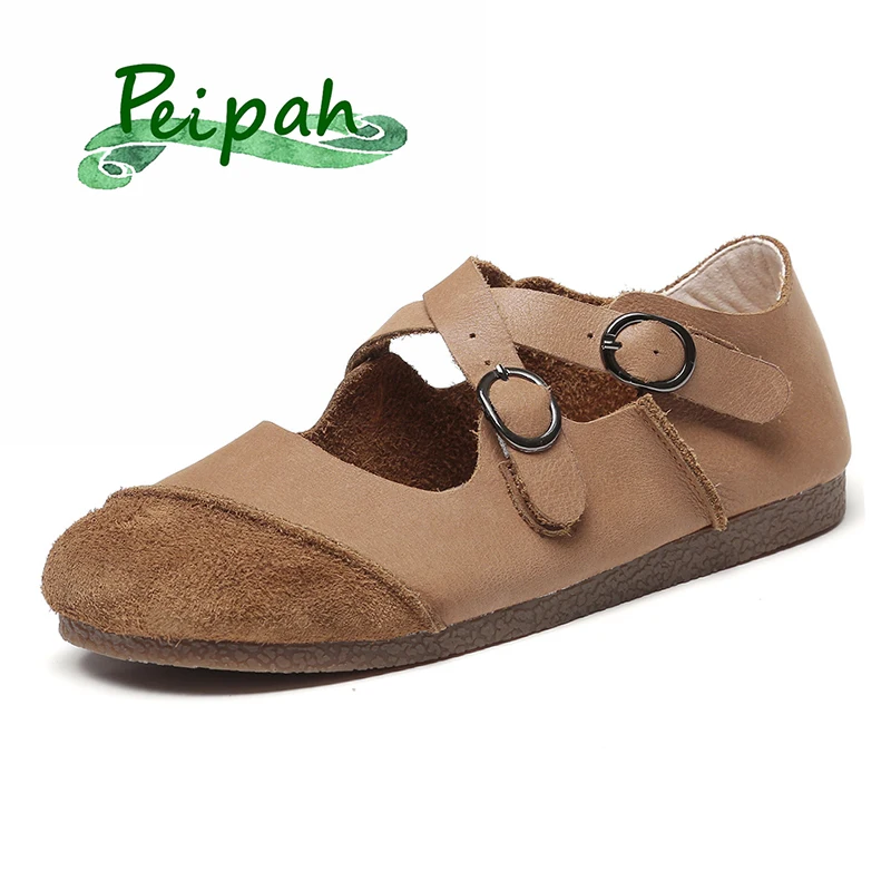 Женские балетки ручной работы PEIPAH из натуральной кожи мокасины в стиле ретро