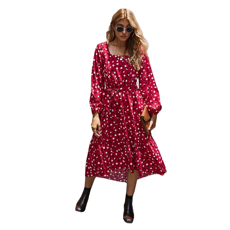 

Women Polka Dot Elegant Square Collar Long Sleeve Waist Belt Dress Streetwear U50C