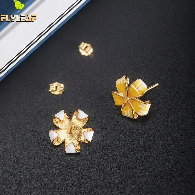 

925 Sterling Silver Enamel Flower Stud Earrings For Women 14k Gold Fine Jewelry Lady Student Handmade Gift Flyleaf