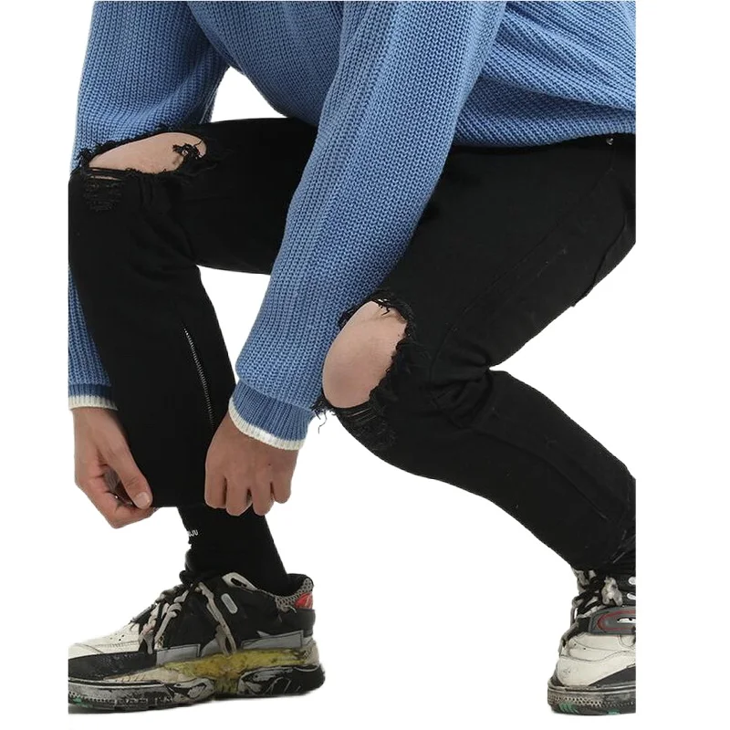 Men's Jeans Slim-Fit Feet Pants Denim Pants Black Ripped Pants Skinny Ripped Jeans Slim Trousers Black Ripped Pants