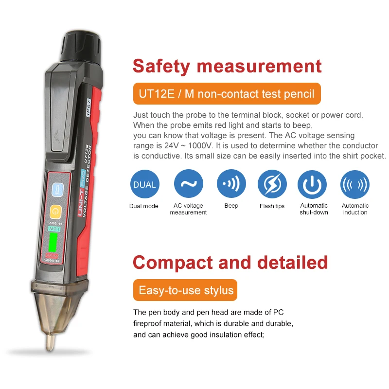 

AC Voltage Detector UNI-T UT12E UT12M Non-contact IP67 Electronic Sensor Test Pen 24V-1000V LED Flashlight Portable Light Sensor