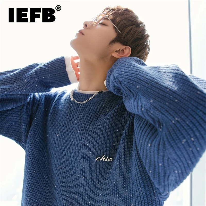 

Мужской свитер IEFB, Свободный Повседневный пуловер, верхняя одежда с длинным рукавом, вязаные синие топы, сезон осень-зима 2021, трикотажная од...