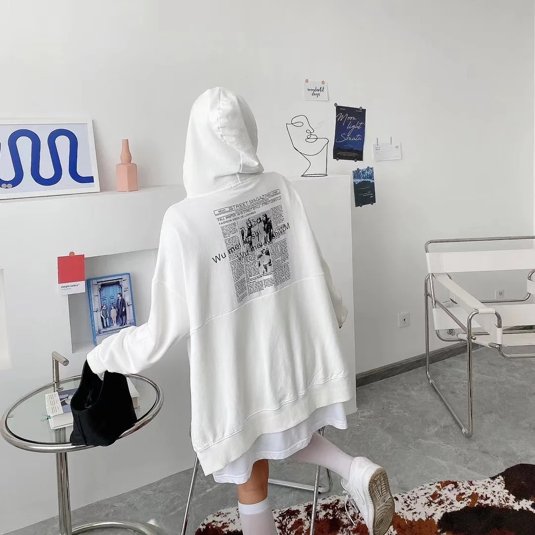 

2021 New Spring Korean Casual Fashion Letter Print Hoodie Women Loose Fake Two-Piece Hooded Sweatshirt Simple Solid Top