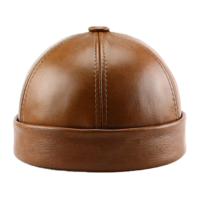 

New Men's Vintage Genuine Leather Beanie Hat Autumn Winter Velvet Warm Brimless Hats Bonnet Dad Caps Retro Landlord Hat Skullcap