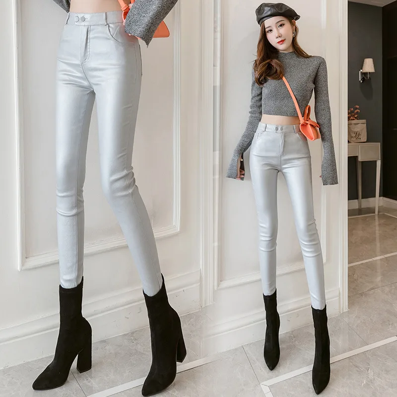 Winter Autumn New Pu Leather Pants Women Sexy Slim High Waist Black/Silver/Red Pencil Long Trousers Ladies Leggings 850 | Женская одежда