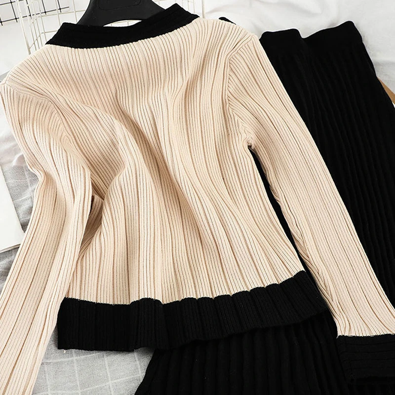 2021 Spring Autumn Knitted 2 Piece Set Chic Office Ladies Single Breasted Pearl Buttons Cardigan Sweater+Pleated Long Skirt Suit |