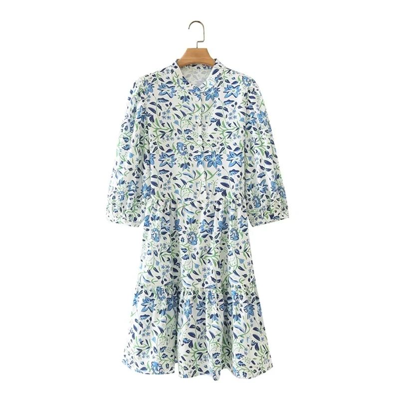 

Hot Sale Women Floral Print Puff Sleeve Mini Dress Female Stand Collar Clothes Casual Lady Loose Vestido D8195