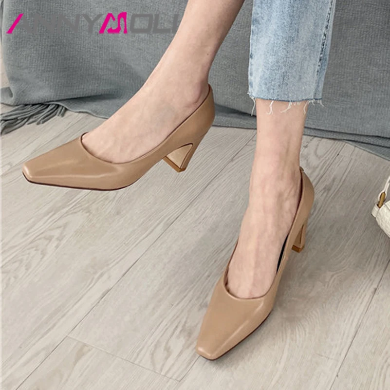

ANNYMOLI High Heels Natural Genuine Leather Women Shoes Square Toe Pumps Block Heel Office Female Footwear Spring Beige Size 40