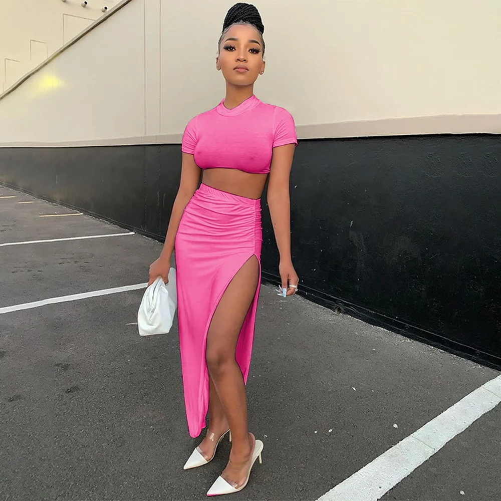 

Black/grey/pink Sexy Bodycon 2 Piece Skirts Set Women Short Sleeve Slim Fit Crop Top and Side High Split Maxi Skirt Club Party
