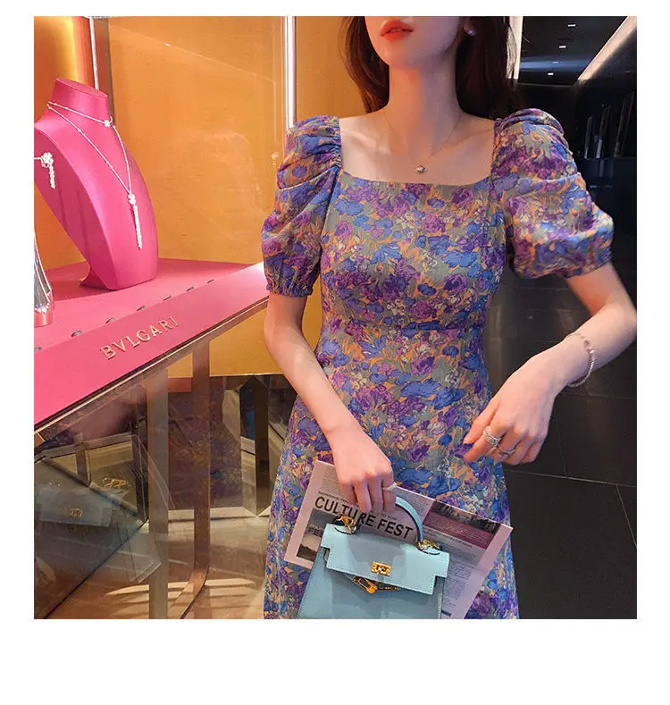 

Floral Print Dress Women Sexy Puff Sleeve Chiffon Party Dress Lady 2021 Summer Elegant Vintage Retro Split Dress Women