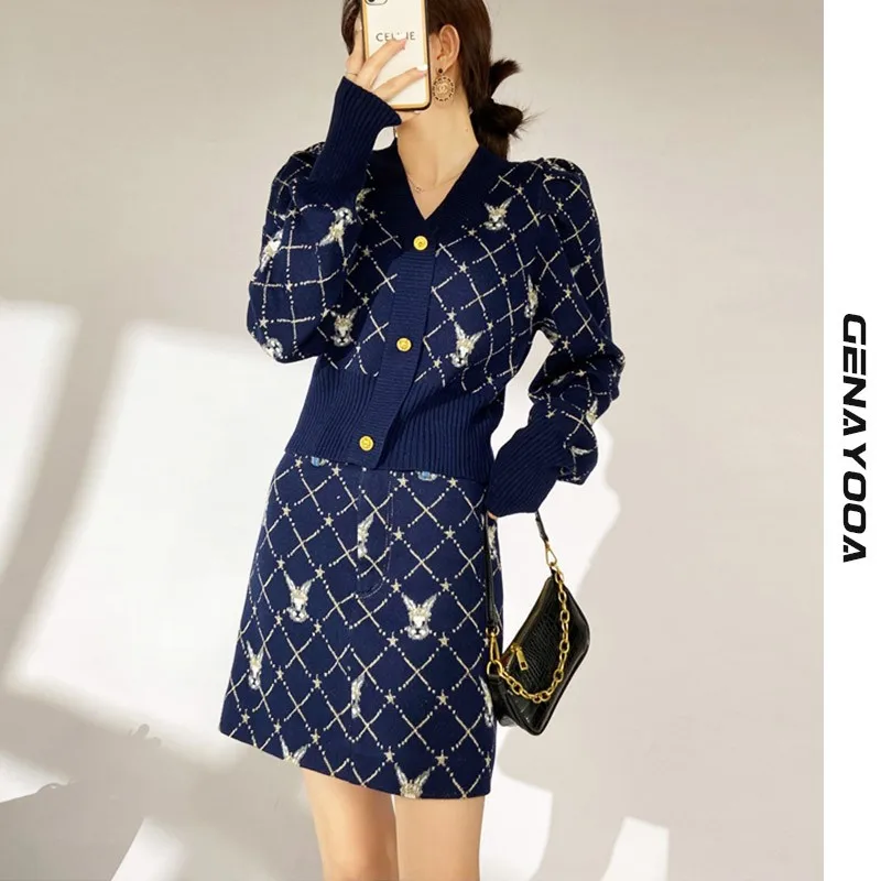 

Genayooa Euro Style Knitted Fabric V-neck Cardigan Skirt Set 2021 Autumn Winter Two Pieces Set Elegant Korean 2 Piece Suit Chic