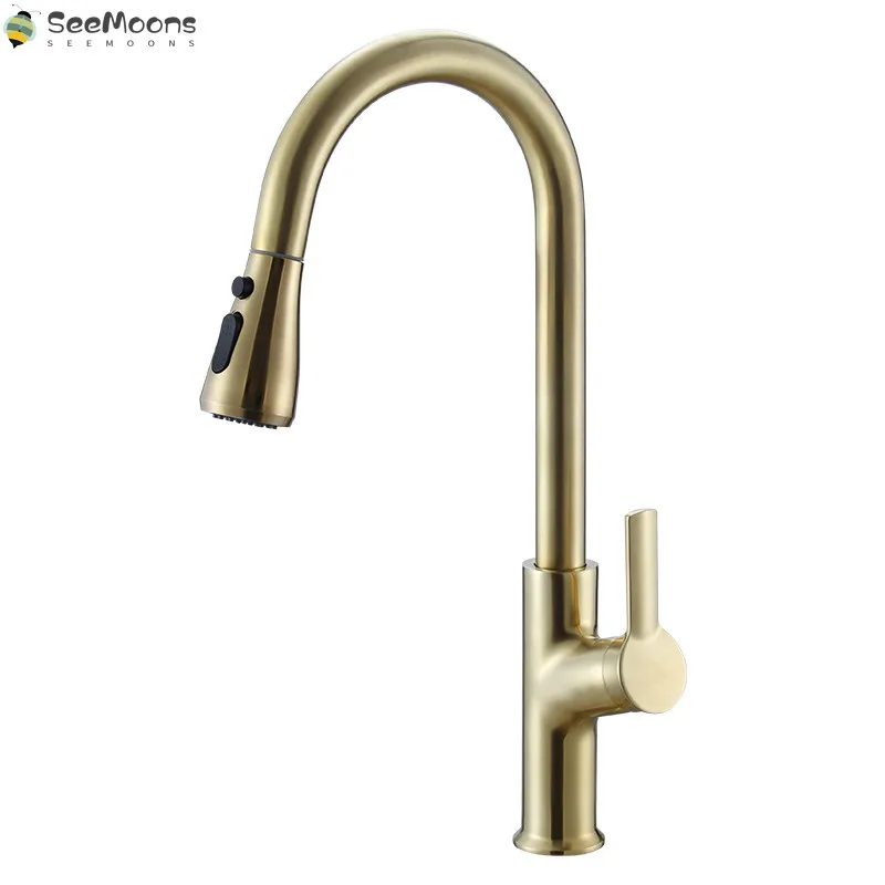 

Tuqiu Pull Out Kitchen Faucet Kitchen Sink Faucets Brass Kitchen Mixer Tap Hot & Cold Rotating Brushed Gold Water Crane Tap
