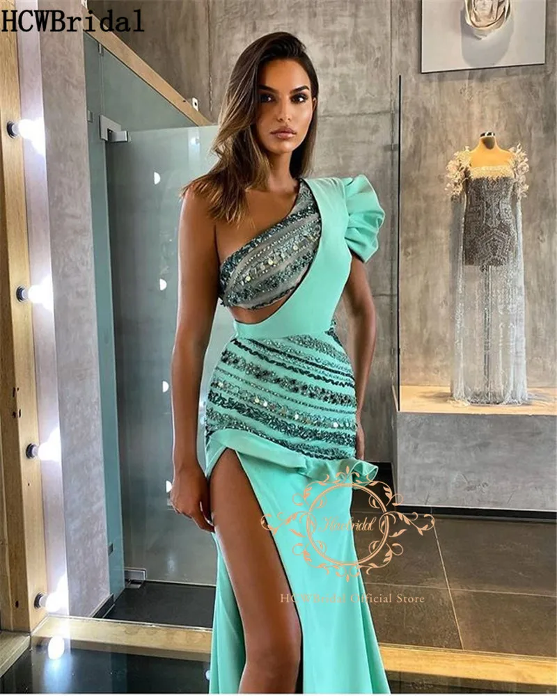 

Exquisite Mermaid Crystal Evening Dress One Shoulder High Slit Mint Green Long Formal Dresses Plus Size Women Prom Gowns
