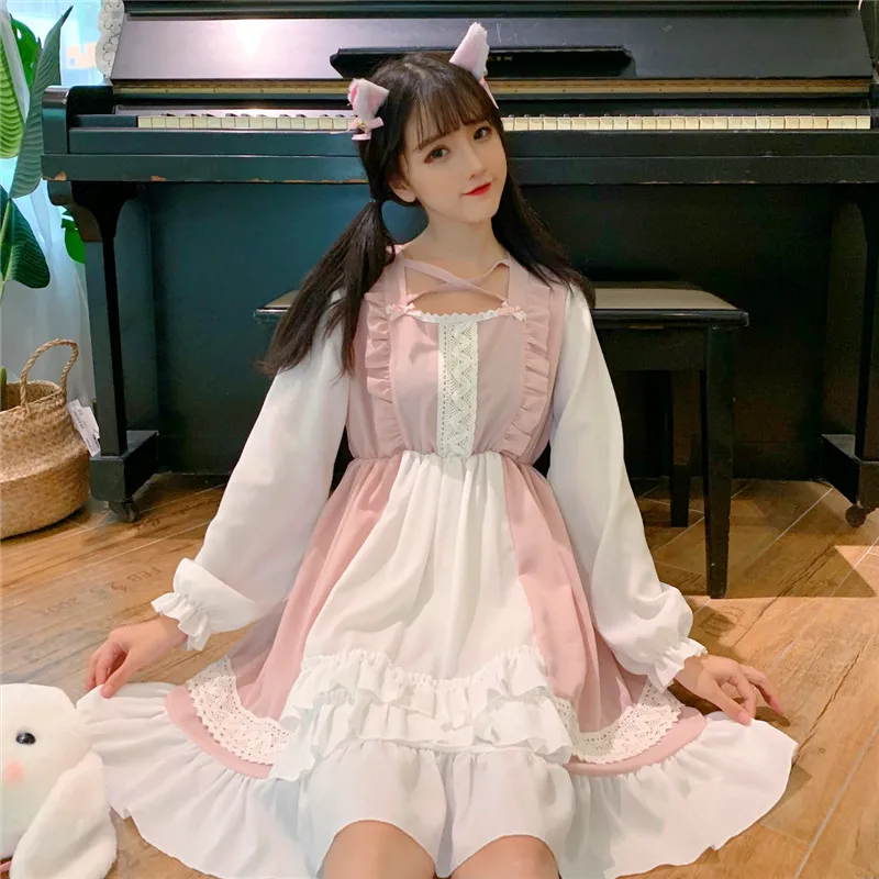 Kawaii/платье в японском стиле «Лолита»; мягкое милое Повседневное платье для девочек с короткими рукавами; студенческое летнее платье