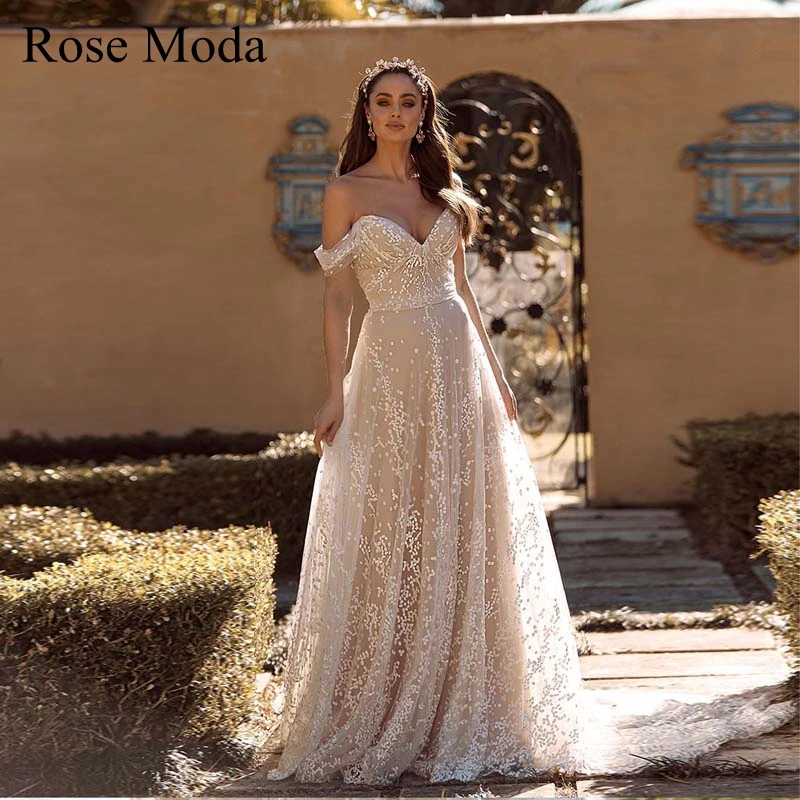 

Rose Moda Deep Sweetheart Off Shoulder Ivory over Champagne Lace Wedding Dress