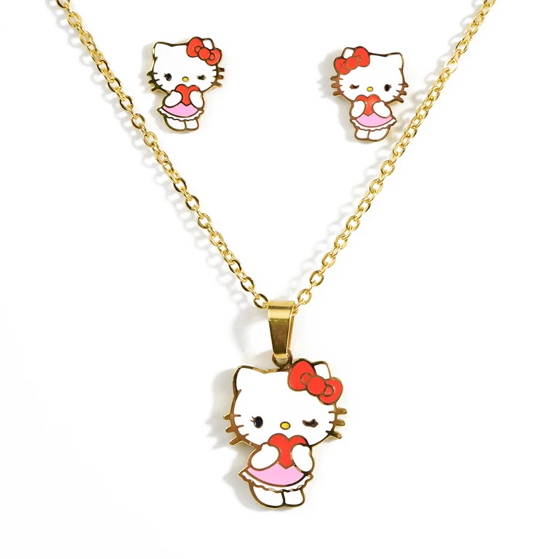 Ожерелье с рисунком hello kitty, детские серьги, ожерелье, набор золотых милых мультяшных котов, ожерелье, детский подарок, ожерелье из нержавеющей стали