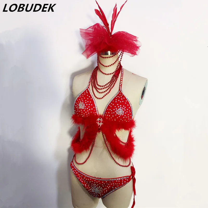 

Красное платье с перьями Стразы Бисер комплект бикини сексуальные рейв вечерние шоу танцевальный наряд Для женщин танцор певец ночной клуб...