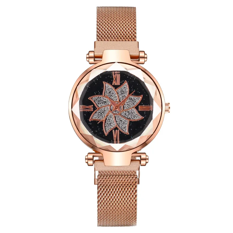 

New Style Female Watch Magnet Luxury Purple Stainless Steel Starry Sky Flower Roman Numeral Ladies Quartz Watch For Women Clock