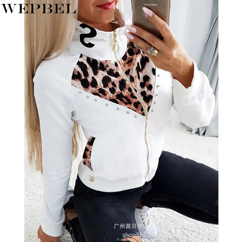 

WEPBEL Women's Elegant Autumn Leopard Print Zipper Coat Ladies Sexy Fashion Long Sleeve Stand Collar Slim Fit Jacket Outwear