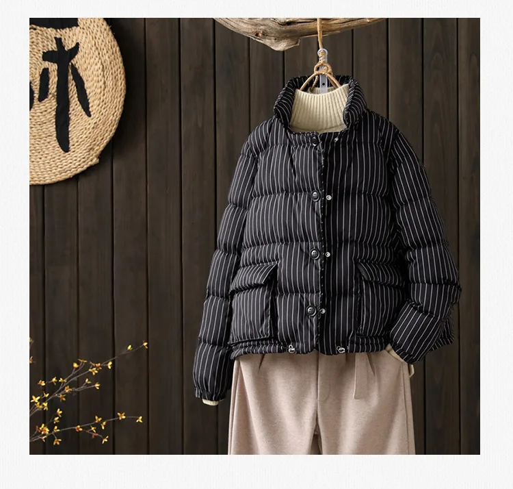Осенне-зимнее пальто на утином пуху в полоску в стиле ретро, женские теплые пуховые пальто со стоячим воротником, мягкий пушистый пуховик, парки F334