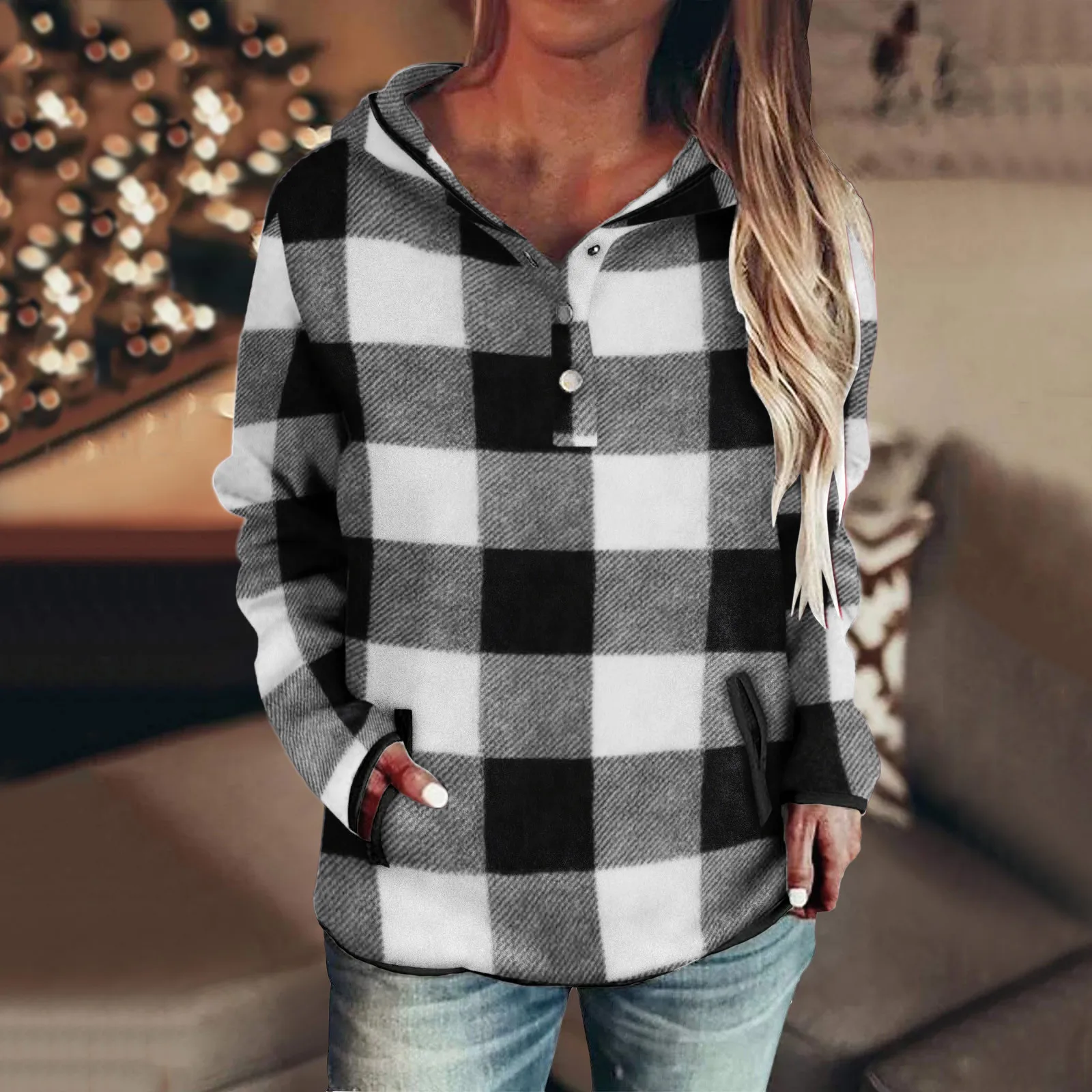 

Модные толстовки в клетку с принтом, мягкий плюшевый Женский свитшот с длинными рукавами, блузка, пуловер, уличная одежда, свободные свитшот...