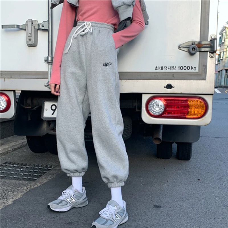 

HOUZHOU 5xl Grey Sweatpants Korean Style Track Pants for Women Joggers Plus Size Embroidery Oversized Trousers Female Streetwear