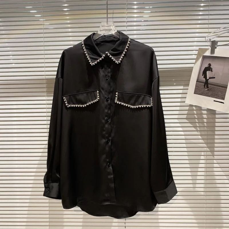 

Женские черные рубашки с бриллиантовыми жемчужинами и бусинами, Новинка осени 2021, рубашка с двумя карманами