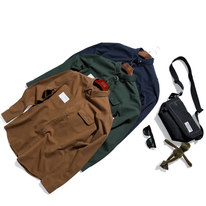 

Men Solid Color Button Up Lapel Long Sleeve Cargo Shirt Japan Style Winter Fall High Quality Trendy Casual Cotton Basic Top Male