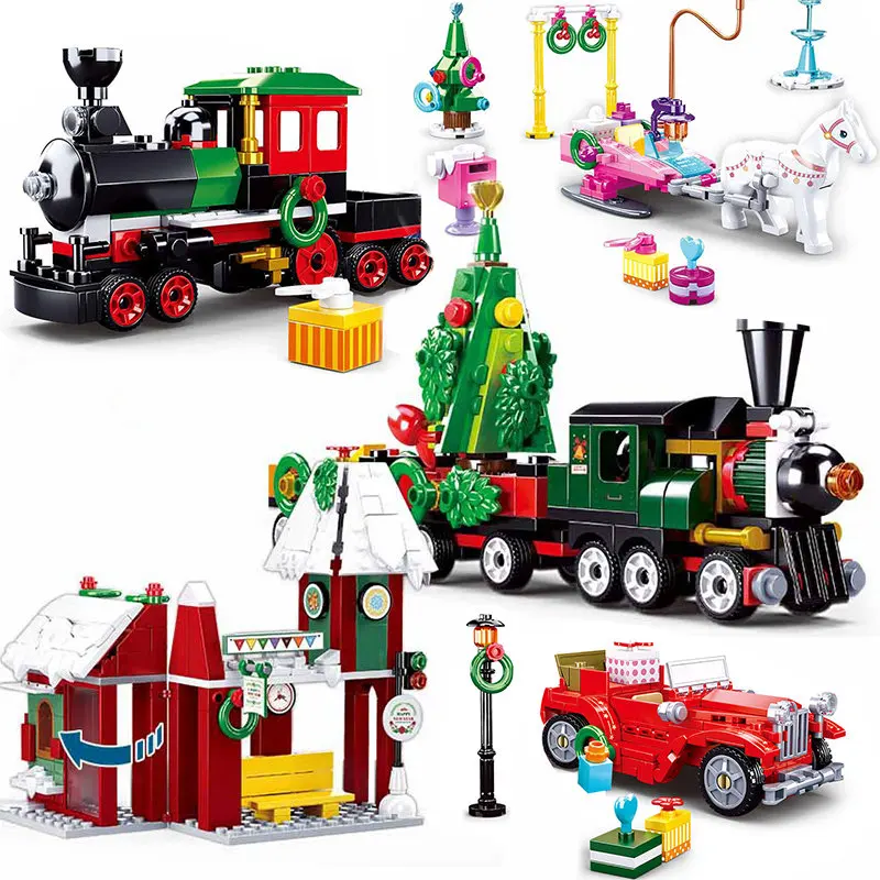 

City Winter Train Village Horse Trailer Girls Car Van Building Blocks Street Model Brick Christmas Gift