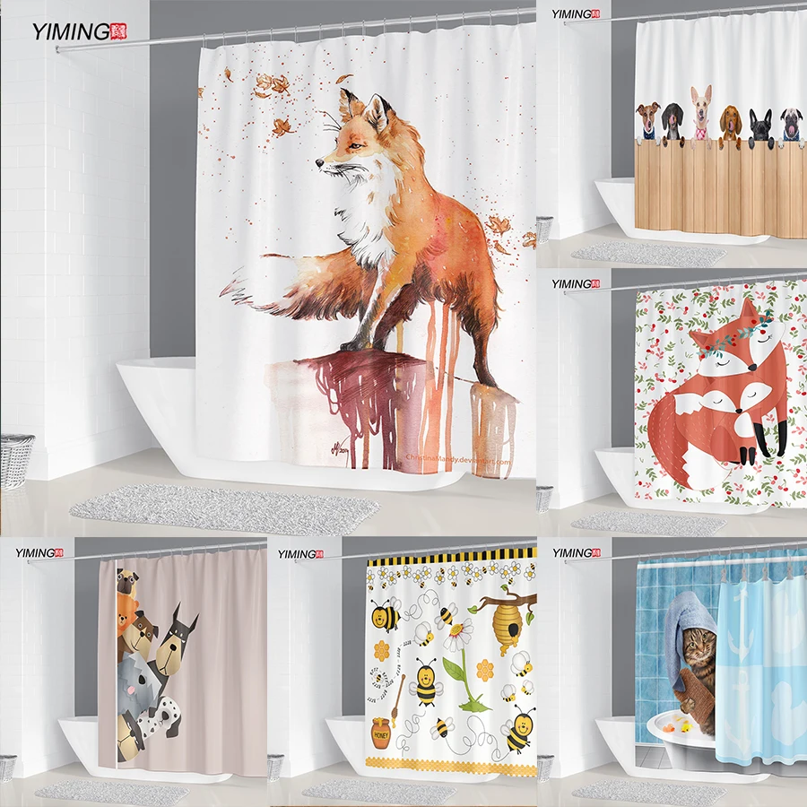 

Bathroom Waterproof Shower Curtain Cartoon Fox Print Home Decoration Curtain 3D Print Washable Curtain Band Hook 240x180cm