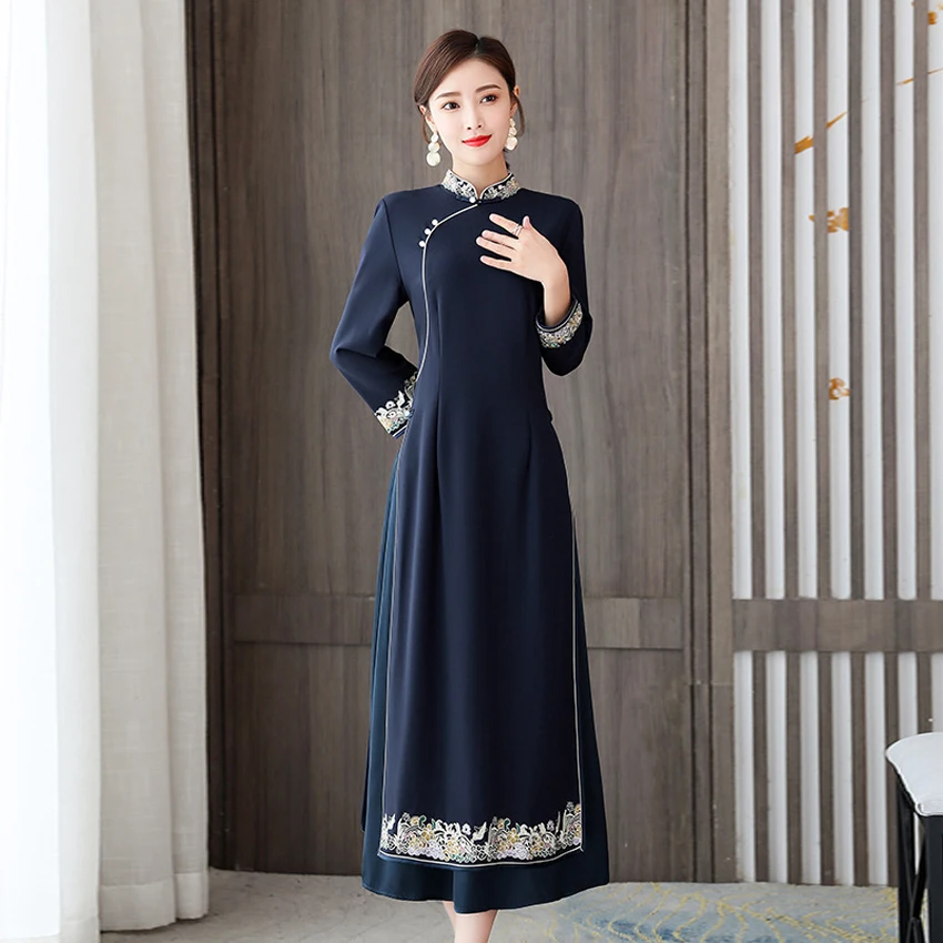 

Women New Cheongsam Dress Chinese Traditional Dress China Qipao Hanfu Solid Color High Split Autumn High Waist Embroidery Bride