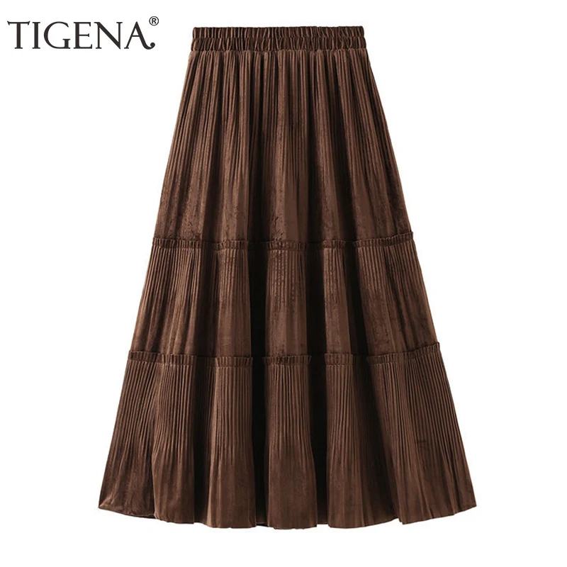 

TIGENA 2021 Autumn Winter Velvet Long Skirt Women Korean Casual A Line High Waist Pleated Mid-length Brown Skirt Female Ladies