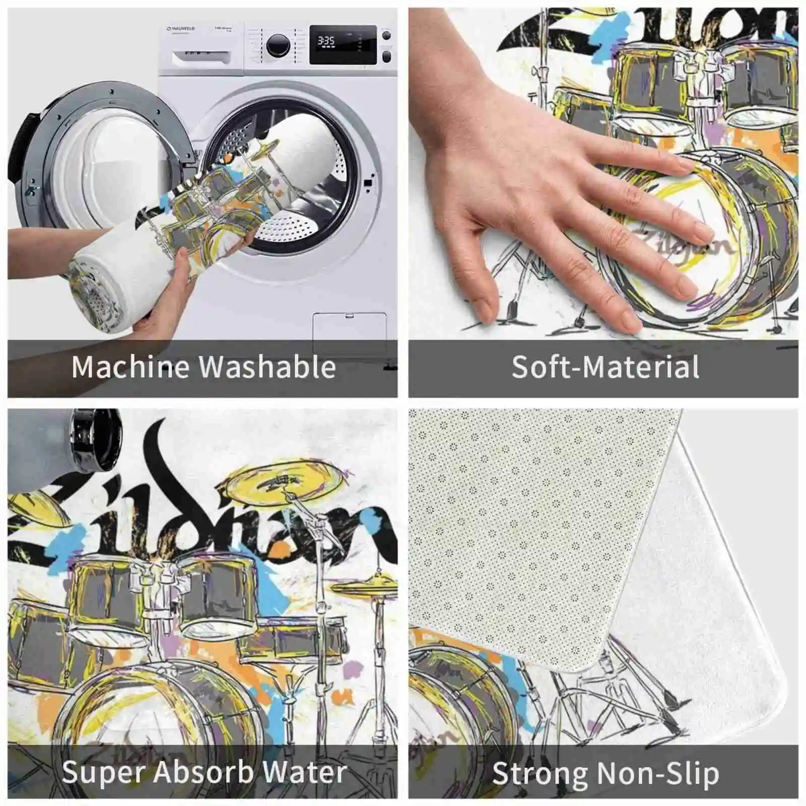 Zildjan Drums Illustration Art Soft House Family Anti-Slip Mat Rug Carpet Music Punk Pearl Drum Kit Set | Дом и сад