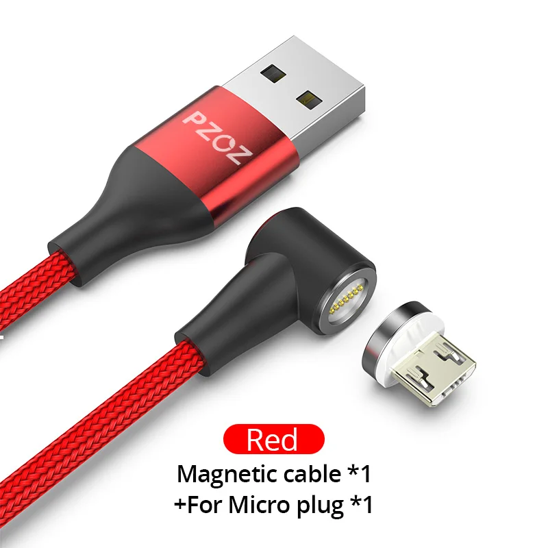Red 1m For Micro Магнитный кабель PZOZ 90 градусов usb c Micro usb type C для быстрой зарядки, магнитное зарядное устройство Microusb type-C для iphone Xs MAX xiaomi usb-c - Цвет: Red 1m For Micro