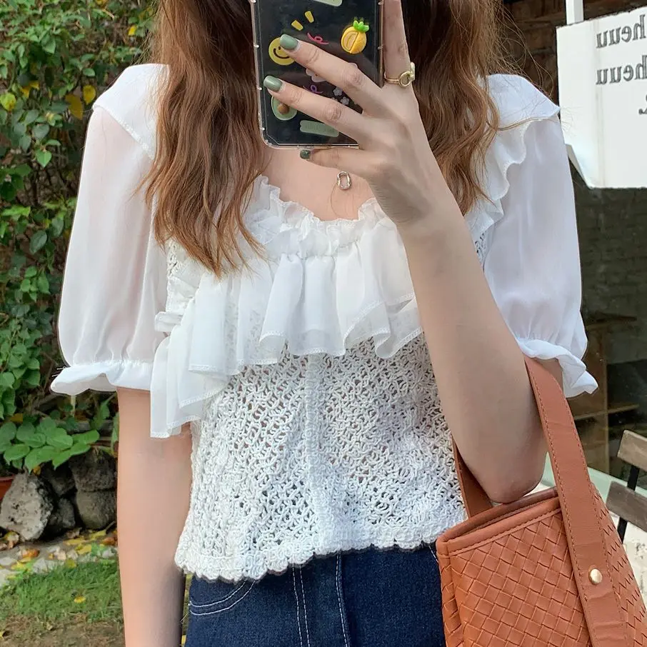 

Alien Kitty Stylish Ruffles Irregular Chic Sexy Hollow Out Sweet 2021 New Femme Gentle Hot Tops Shirts OL Women Summer Blouses