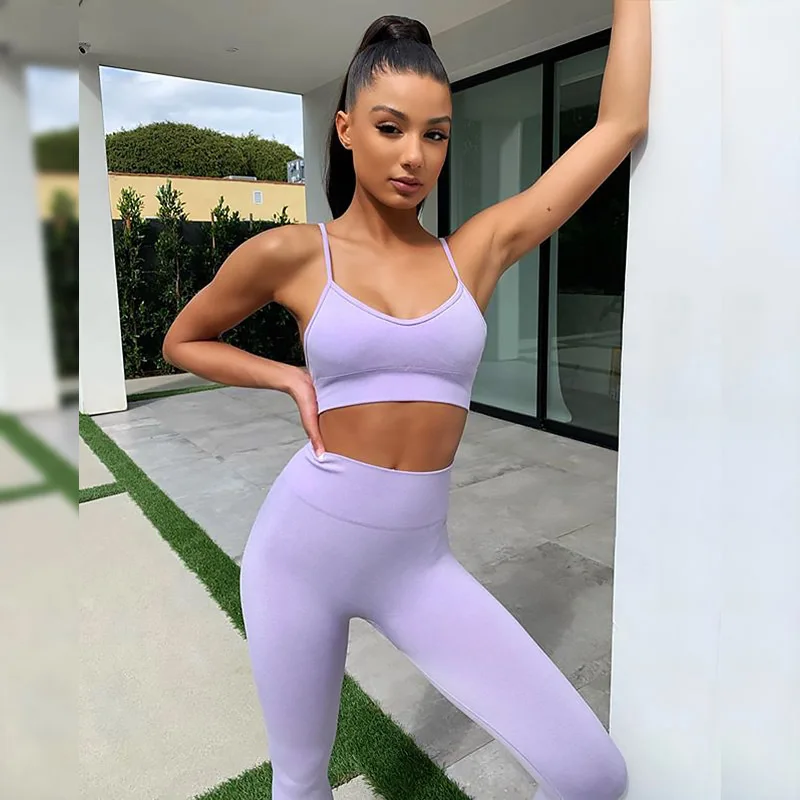 

Fitness Suit Sports WearWomen Seamless Yoga Set Solid Gym Clothing Sleeveless Crop Tops Tights High Waist Leggings Workout Pants