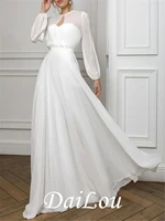 a line empire white holiday formal evening valentines day dress illusion neck long sleeve floor length chiffon with pleats