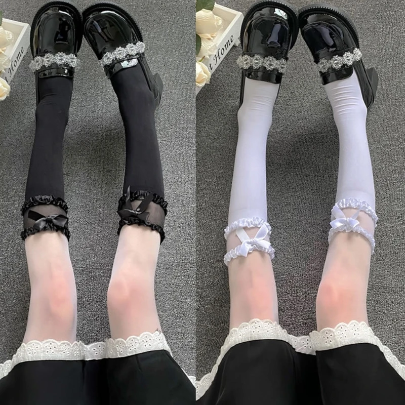 

Sweet Japanese Lolita Summer Silky Long Socks Ruffled Lace Bow Knot Harajuku Kawaii College Style Calf Length Stockings