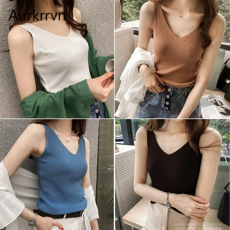 

Aurkrrvn Women's Summer Tank Tops V Neck Knitted Women Tanks Casual Soild Feminine Vest Sleeveless Vacation Cool Tank Tops 2020