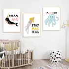 Картина на холсте в скандинавском стиле с изображением китов, осьминога, морских животных, плакаты и принты для детской комнаты, кровати, настенное искусство, домашняя декоративная картина