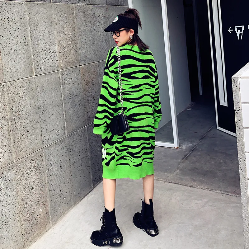 Thai street fashion zebra pattern long sweater female loose round neck sleeve dress autumn and winter casual shirt | Женская одежда